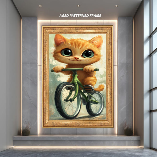Cute Cat on Bicycle Wall Art Print, Whimsical Kitten Riding Bike Canvas, Adorable Animal Illustration for Nursery or Kids Room Decor
