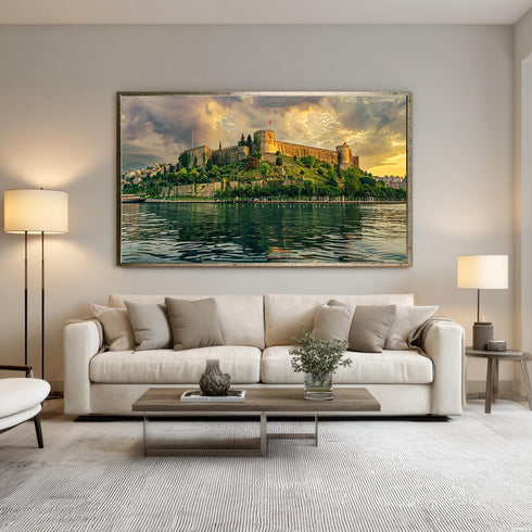 Rumeli Fortress Istanbul Canvas Art, Golden Sunset over Bosphorus Print, Historic Turkish Landmark Wall Decor for Cultural Interiors