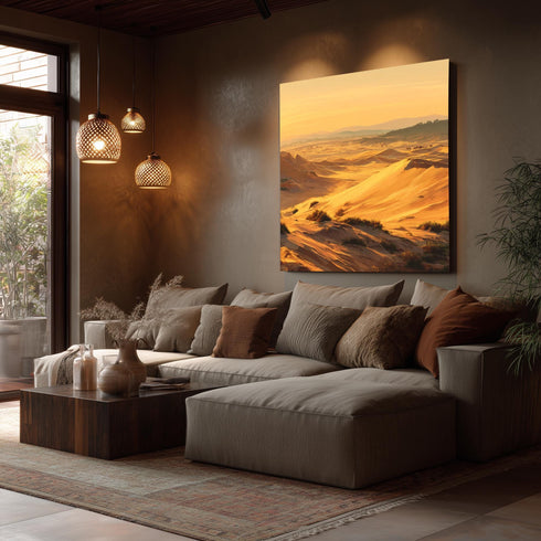 Sahara Desert Canvas Wall Art, Golden Sunset Sand Dunes Print, Large Landscape Print, Warm Orange Boho Decor, Camel Caravan Art