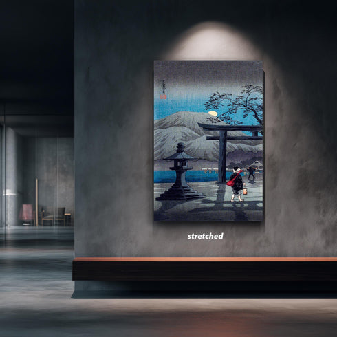 Japanese Torii Gate Canvas Art, Full Moon Night Landscape, Stone Lantern Print, Blue Woodblock Style, Zen Garden Decor, Shin Hanga