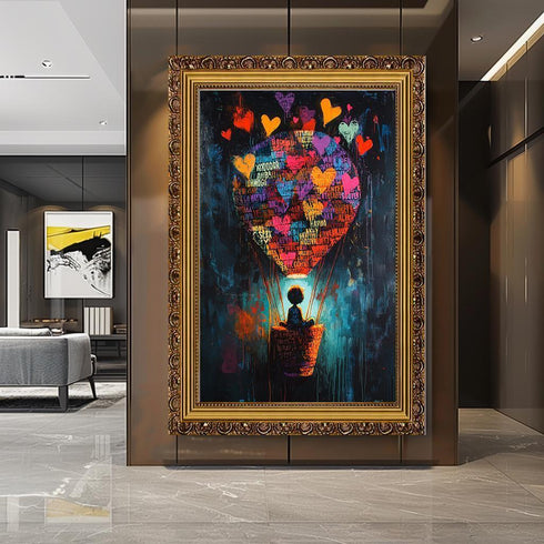 Renkli Banksy Stili Uçan Kalpler Tablo