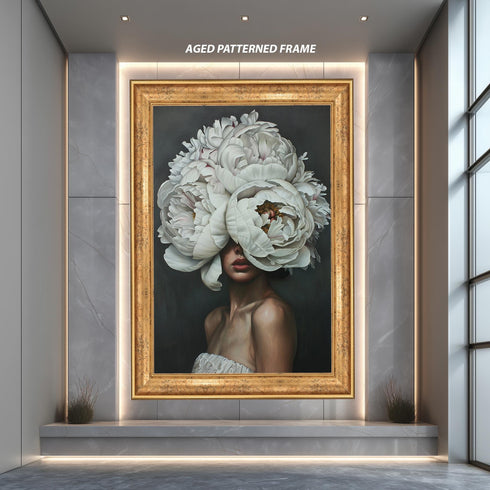 Floral Woman Portrait Wall Art, Surreal White Peony Head Print, Botanical Feminine Artwork for Modern Home Decor