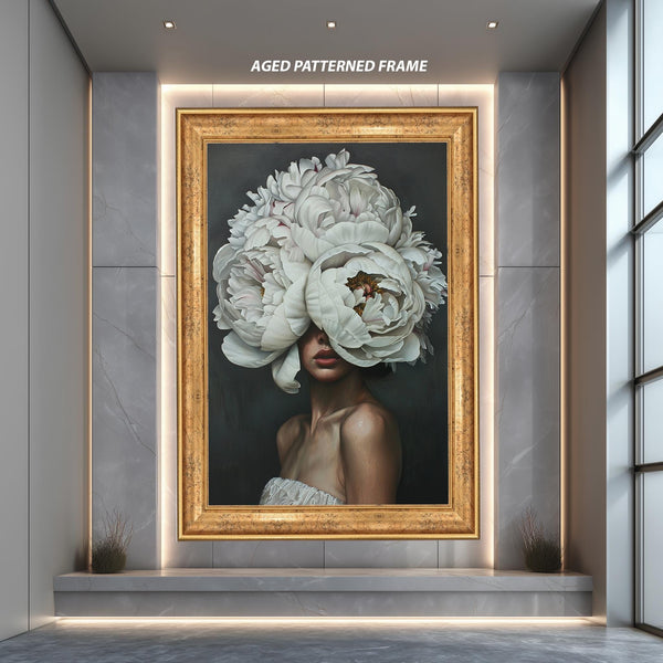 Floral Woman Portrait Wall Art, Surreal White Peony Head Print, Botanical Feminine Artwork for Modern Home Decor