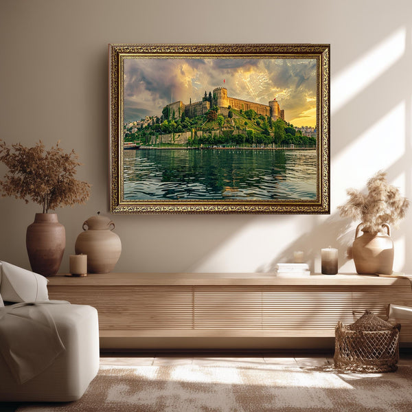 Rumeli Fortress Istanbul Canvas Art, Golden Sunset over Bosphorus Print, Historic Turkish Landmark Wall Decor for Cultural Interiors