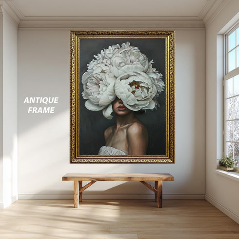 Floral Woman Portrait Wall Art, Surreal White Peony Head Print, Botanical Feminine Artwork for Modern Home Decor