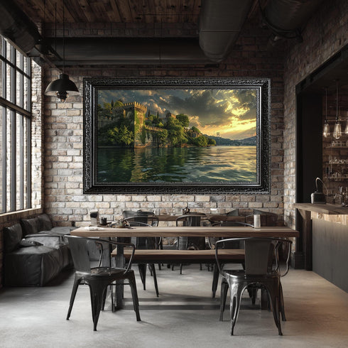 Istanbul Bosphorus Sunset Canvas Art, Rumeli Fortress and Bridge Print, Historical Landscape Wall Decor for Travel-Inspired Interiors