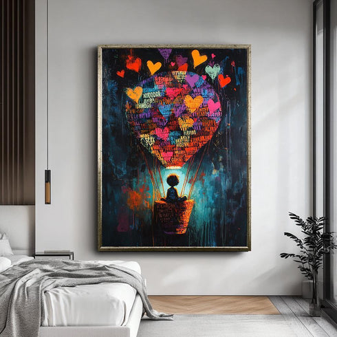 Renkli Banksy Stili Uçan Kalpler Tablo
