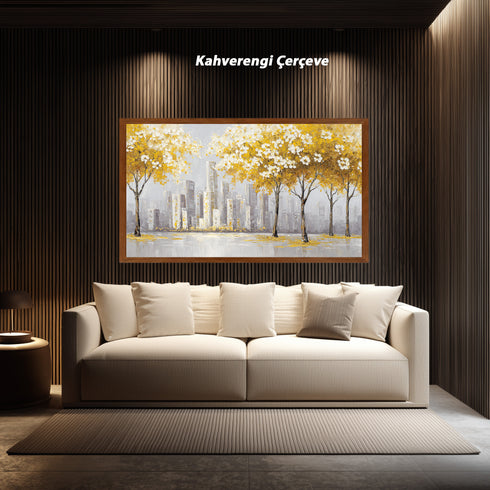Sarı Yapraklı Ağaç ve Şehir Manzarası Tablosu Modern Soyut Kanvas Duvar Dekoru, Salon Ofis İçin Büyük Boy Tablo
