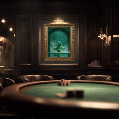 Semazen ve Tasavvuf Temalı İslami Kanvas Tablo – Yeşil Tonlu Manevi Atmosferli Dini Duvar Dekoru, Mevlevi Sanat Eseri