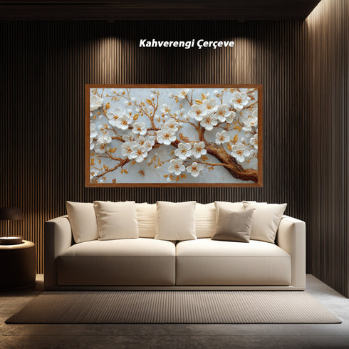 Altın Dallı Beyaz Çiçekli Ağaç Dalı Tablosu Kabartmalı Lüks Modern Kanvas Duvar Dekoru Salon Yatak Odası İçin Şık Tasarım
