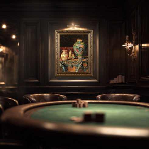 Eskitilmiş Çerçeveli Klasik Natürmort Sanat Tablosu Poster, Çin Porselen Vazolar ve Oryantal Desenli Kumaşlı Duvar Sanatı