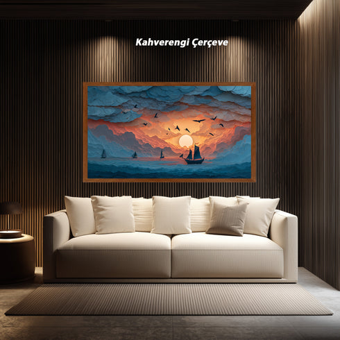 Bulutlar Arasında Gün Batımı ve Yelkenli Tablosu Soyut Deniz Manzarası Modern Kanvas Duvar Dekoru Salon Ofis Yatak Odası İçin Büyük Boy Sanatsal Tasarım