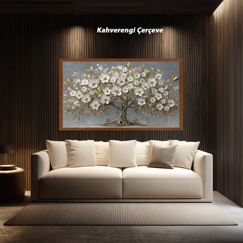 Altın Yapraklı Beyaz Çiçekli Ağaç Tablosu Kelebekli Lüks Kanvas Duvar Dekoru, Modern Dokulu Salon Yatak Odası Tablo