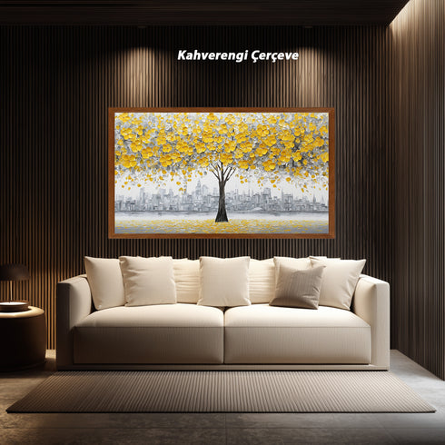 Sarı Çiçekli Ağaç ve Gri Şehir Silüeti Tablosu Modern Soyut Kanvas Duvar Dekoru Salon Ofis İçin Büyük Boy Şık Tasarım