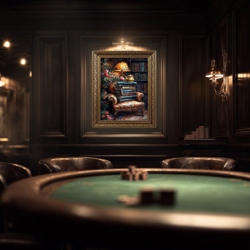 Kitaplarla Dolu Kütüphane Köşesi ve Çaydanlık Sanat Baskısı, Vintage Okuma Atmosferi, Çiçekli Klasik Koltuk ile Nostaljik Duvar Dekoru