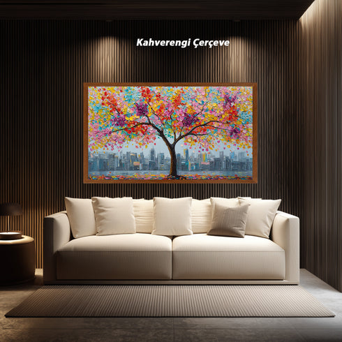 Renkli Çiçekli Ağaç ve Şehir Manzarası Tablosu Modern Soyut Kanvas Duvar Dekoru, Salon Ofis İçin Büyük Boy Sanatsal Tablo