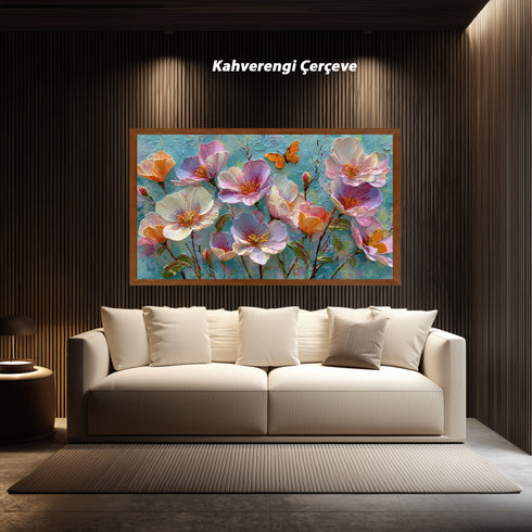 Turkuaz Zeminli Renkli Çiçekler ve Kelebek Tablosu Modern Soyut Kanvas Duvar Dekoru Salon Yatak Odası İçin Canlı Tasarım