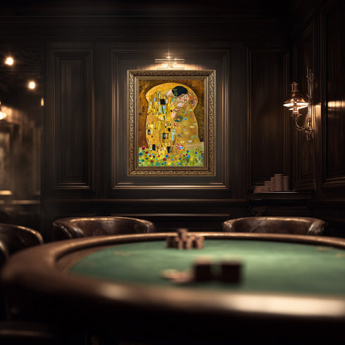 Altın Tonlarda Romantik Sarılış, Eskitilmiş Çerçeveli İkonik Aşk Temalı Tablo, Zarif ve Lüks Duvar Dekoru Sanat Eseri