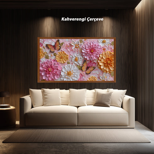 Pembe Zeminli Renkli Çiçekler ve Turuncu Kelebekler Tablosu Romantik Modern Kanvas Duvar Dekoru Salon Yatak Odası İçin Şık Tasarım