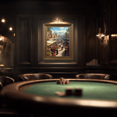 Antik Doğu Pazarı Manzarası Sanat Tablosu Poster, Palmiye Ağaçları ve Tarihi Mimari Arasında Canlı Oryantal Çarşı Sahnesi Duvar Sanatı