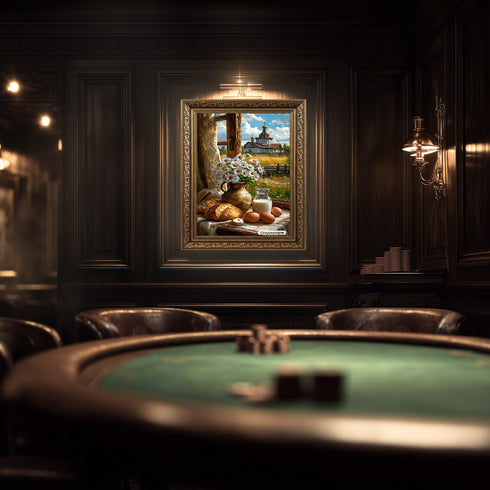 Kır Evi Penceresinde Natürmort Sanat Baskısı, Papatyalar Ekmek ve Süt ile Kırsal Yaşamın Sıcaklığı, Nostaljik Duvar Dekoru