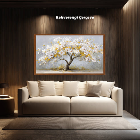 Beyaz Çiçekli ve Altın Yapraklı Ağaç Tablosu Modern Kanvas Duvar Dekoru, Salon Yatak Odası İçin Büyük Boy Şık Tablo