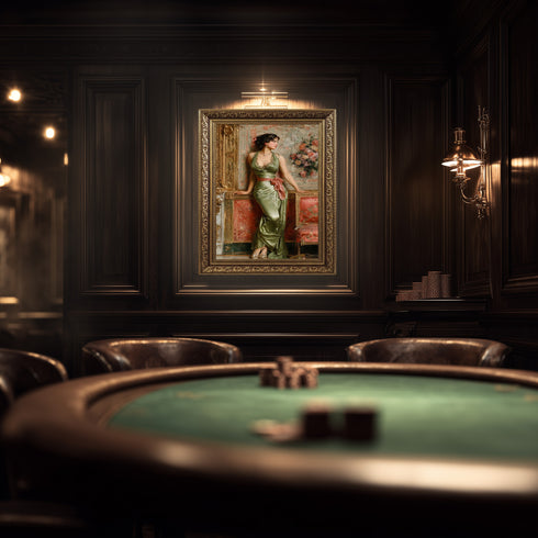 Zarif Kadın Figürü ve Klasik Salon Sanat Baskısı, Yeşil Saten Elbise ile Vintage Asalet, Romantik ve Zamansız Duvar Dekoru