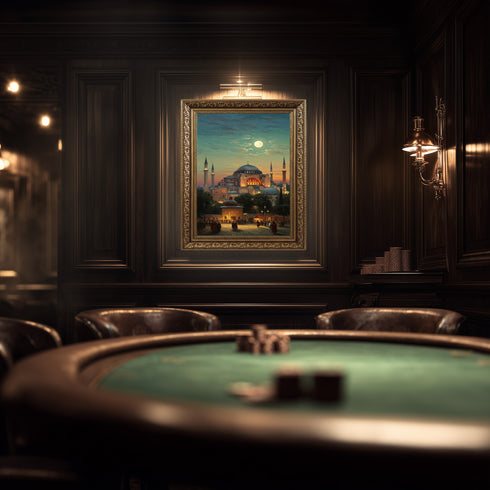 Ayasofya Camii Dolunay Manzaralı Kanvas Tablo – İstanbul Temalı İslami Duvar Dekoru, Dini ve Tarihi Atmosferli Salon Tablosu