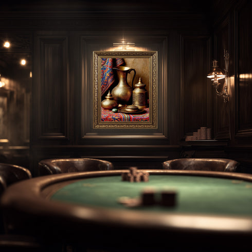 Oryantal Pirinç Sürahi ve Antika Kaplar Sanat Baskısı, El İşçiliği Detaylı Doğu Natürmortu ile Klasik Duvar Dekoru