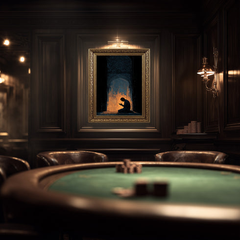 Mihrab Önünde Dua Eden Müslüman Silüeti Kanvas Tablo – Işık ve Gölge Temalı İslami Duvar Dekoru, Manevi ve Dini Salon Tablosu