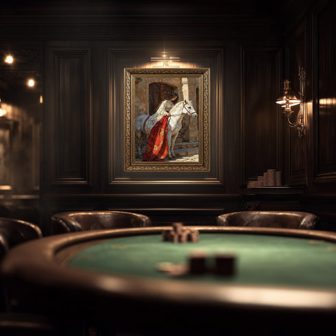 Tarihi Taş Mekânda Beyaz At Üzerinde Zarif Kadın, Orta Çağ Esintili Romantik Sahne, Klasik ve Epik Sanat Tarzında Duvar Dekoru