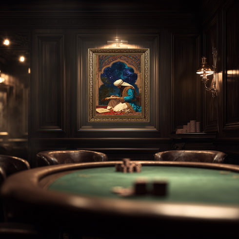 Kur’an-ı Kerim Okuyan Alim Kanvas Tablo – Gece Yıldızlı Gökyüzü Temalı İslami Duvar Dekoru, Dini ve Manevi Sanat Eseri