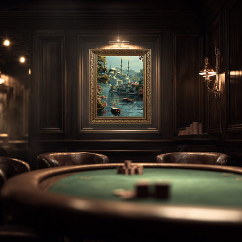 Boğazda Tarihi Cami ve Kayıklar Manzarası Sanat Baskısı, İstanbul’un Yeşil Doğası ve Sakin Suları ile Klasik Duvar Dekoru