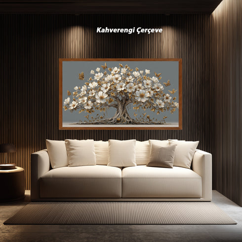 Altın Yapraklı Beyaz Çiçekli Ağaç Tablosu Kelebekli Lüks Kanvas Duvar Dekoru, Modern Dokulu Salon Yatak Odası Tablo