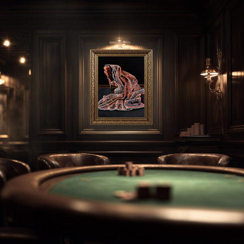 Modern Soyut Natürmort Sanat Tablosu Poster, Desenli Kumaş ve Klasik Koltuk Detaylı Lüks Dekoratif Duvar Sanatı Baskısı