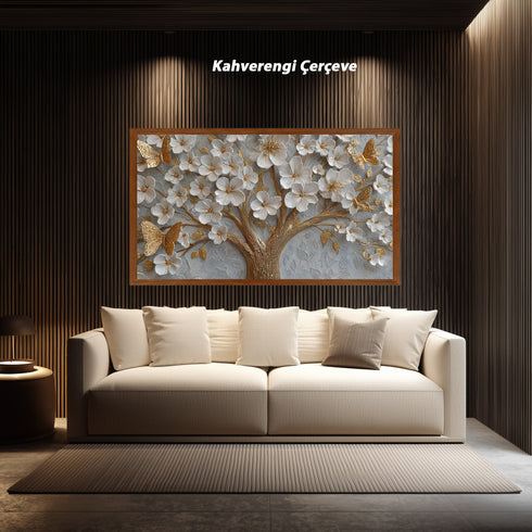 Altın Kelebekli Beyaz Çiçekli Ağaç Tablosu Kabartmalı Lüks Modern Kanvas Duvar Dekoru, Salon Yatak Odası İçin Şık Tablo