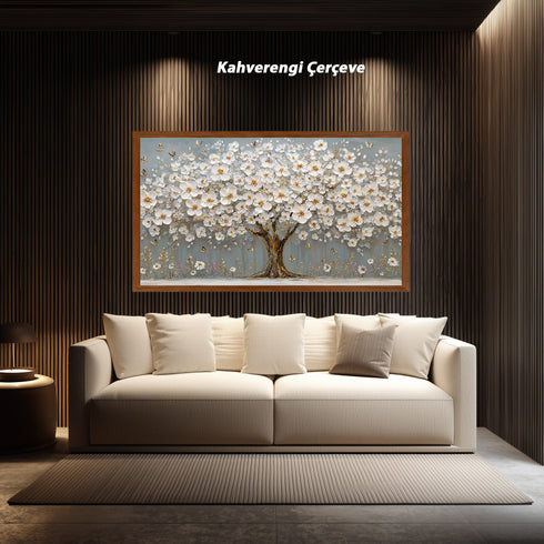 Beyaz Çiçekli Ağaç Kanvas Tablo Altın Detaylı Kelebekli Duvar Dekoru, Modern Dokulu Salon Yatak Odası Büyük Boy Tablo