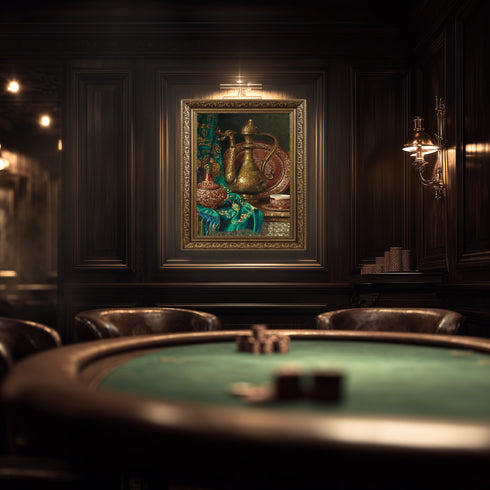 Oryantal Natürmort Sanat Tablosu Poster, Osmanlı İbriği Kahve Fincanı ve İşlemeli Kumaşlı Klasik Doğu Temalı Duvar Sanatı