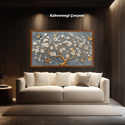 Gri Mermer Zeminli Altın Dallı Beyaz Çiçekli Ağaç Tablosu Kelebekli Lüks Modern Kanvas Duvar Dekoru Salon İçin Şık Tasarım