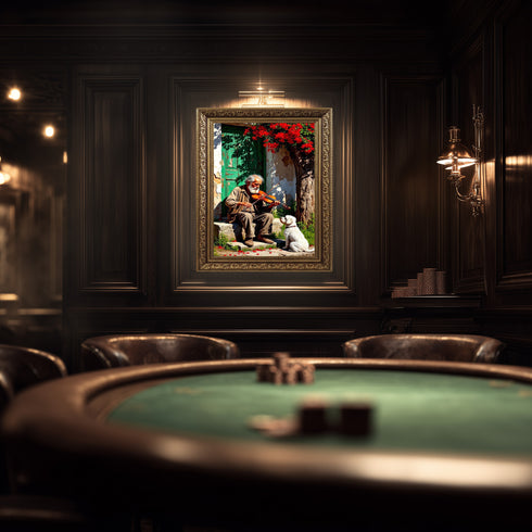 Kemancı Yaşlı Adam ve Sadık Köpek Suluboya Sanat Baskısı, Nostaljik Köy Sahnesi ve Doğal Işıklarla Duygusal Duvar Dekoru