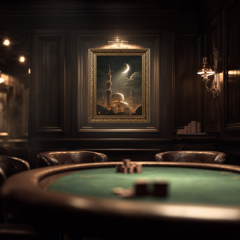 Hilal ve Yıldızlı Gece Camii Kanvas Tablo – Altın Işıltılı İslami Duvar Dekoru, Dini ve Manevi Atmosferli Salon Tablosu