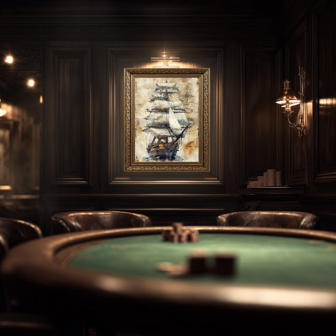 Antik Yelkenli Gemi ve Deniz Haritası Sanat Baskısı, Keşif ve Denizcilik Temalı Vintage İllüstrasyon Duvar Dekoru