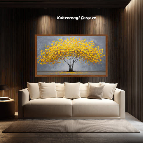 Sarı Yapraklı Minimalist Hayat Ağacı Tablosu Modern Soyut Kanvas Duvar Dekoru Salon Ofis Yatak Odası İçin Büyük Boy Şık Tasarım