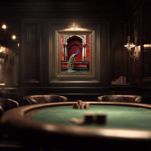 Kırmızı Oryantal Kapı ve Tavus Kuşu Sanat Baskısı, Doğu Mimarisi ve Zarif Detaylarla Egzotik Duvar Dekoru Tablo