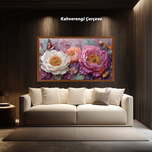 Pembe ve Beyaz Şakayık Çiçekli Kelebekli Tablo Romantik Vintage Kanvas Duvar Dekoru Salon Yatak Odası İçin Zarif Tasarım