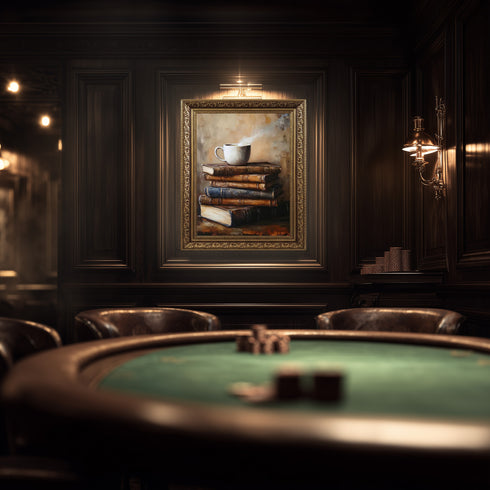 Buharlı Kahve Fincanı ve Eski Kitaplar, Sıcak ve Huzurlu Atmosferli Nostaljik Okuma Köşesi Temalı Sanat Tablosu