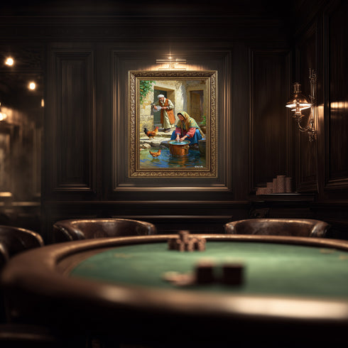 Geleneksel Köy Yaşamı Suluboya Sanat Baskısı, Anadolu Günlük Hayat Sahnesi, Tavuklar ve Taş Evlerle Nostaljik Duvar Dekoru