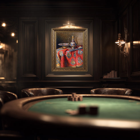 Eskitilmiş Çerçeveli Oryantal Natürmort Sanat Tablosu Poster, Osmanlı İbriği ve İşlemeli Kumaş Detaylı Klasik Duvar Sanatı