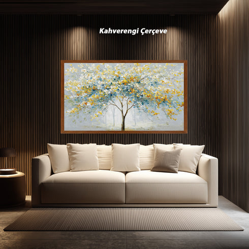 Modern Soyut Ağaç Tablosu Mavi Sarı Yapraklı Kanvas Duvar Dekoru, Salon Yatak Odası Büyük Boy Sanatsal Tablo