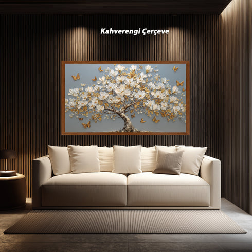 Altın Kelebekli Beyaz Manolya Ağacı Tablosu Lüks Modern Kanvas Duvar Dekoru Salon Yatak Odası ve Oturma Odası İçin Şık Tasarım